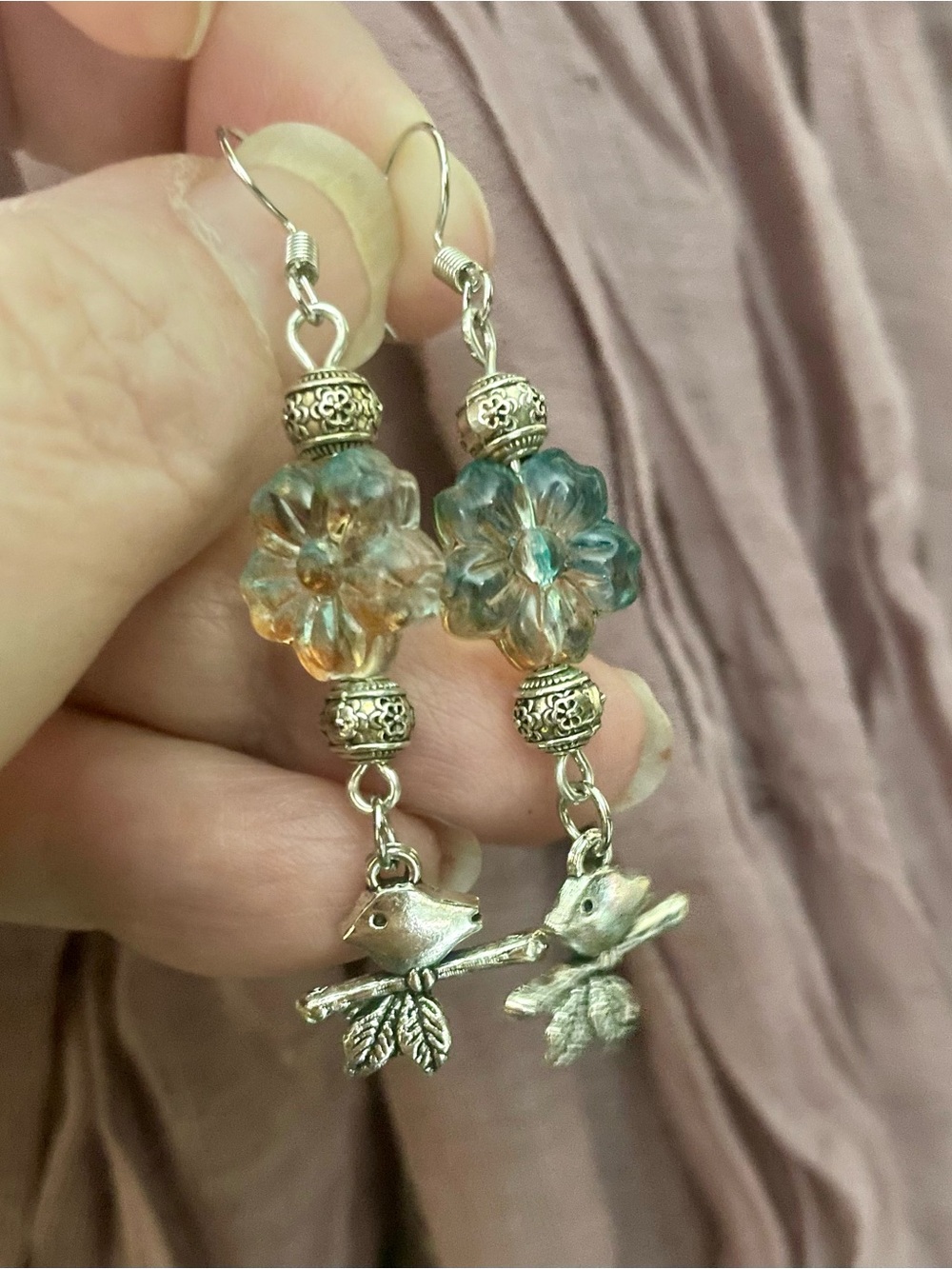 Hand Crafted Blue and Orange Floral Drop Earrings with Bird Charms